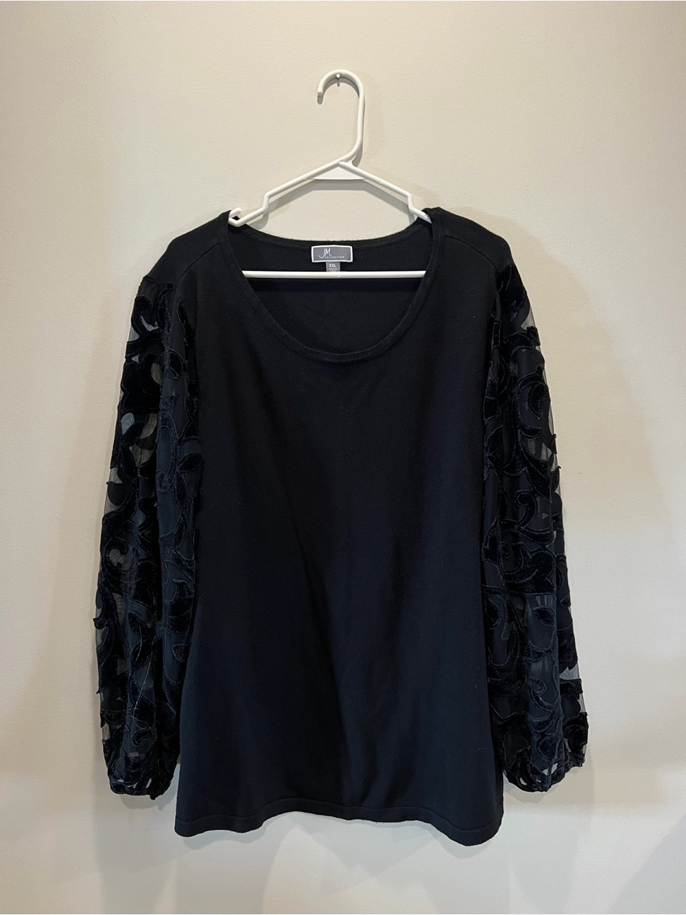 JM Collection Black Top with Velvet Appliqué Sleeves
